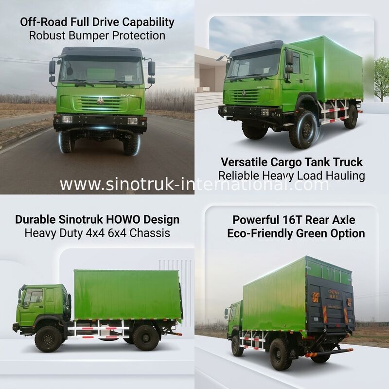 Ciężarówka SINOTRUK do ciężkich zadań z napędem 4x4 LHD, skrzynią ładunkową 5000*2300*2300 mm i tylną osią o nośności 16T do transportu ciężkich ładunków