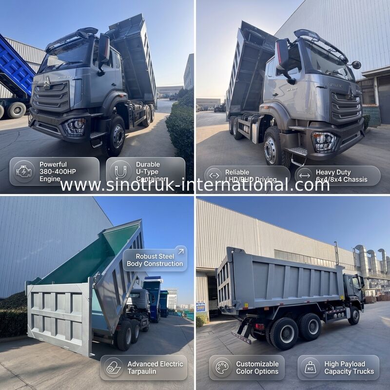 SINOTRUK HOHAN Nowy Howo Tipper Dump Truck Środkowe Podnoszenie 6 × 4 RHD Cargo Box 19-20CBM Kolor dostosowany do klienta Diament Srebrny 400KM